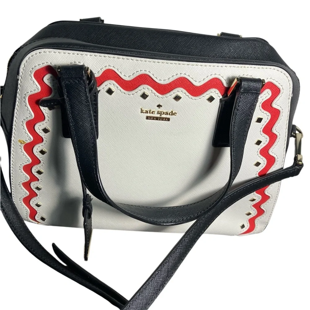 Kate Spade  New York white Black and Red scalloped trim Crossbody Tote  Bag